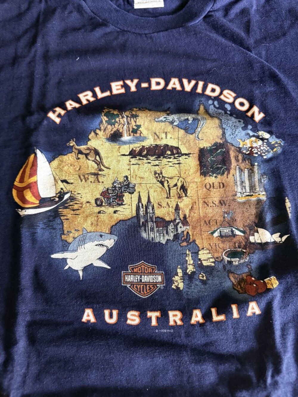 Harley-Davidson Australia Map Graphic T-Shirt Navy Blue Large Vintage Cotton